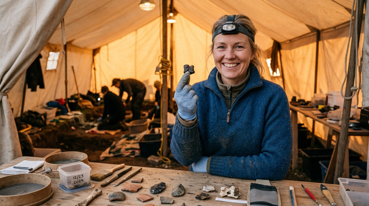 Archéologue tenant un chewing-gum préhistorique de 5 700 ans
