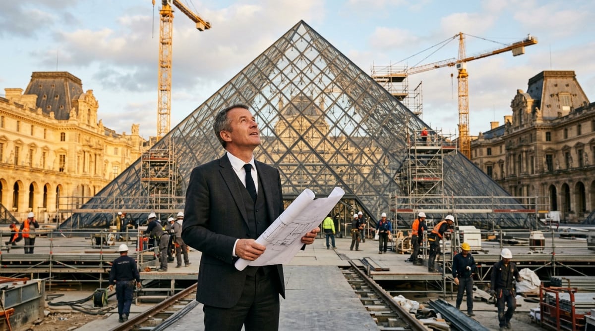 Architecte regardant la pyramide du Louvre en chantier