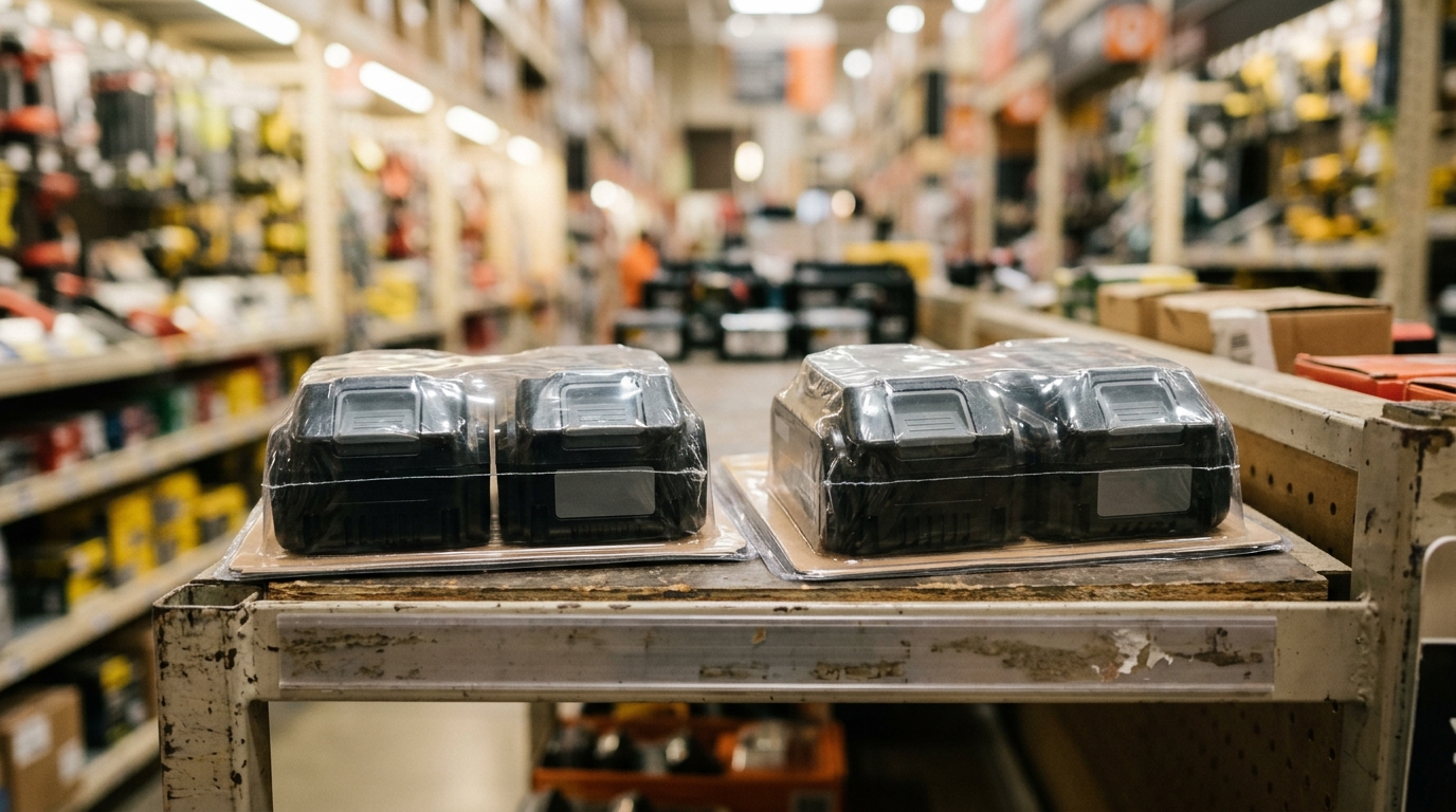 Packs de batteries pour outils sur une étagère de magasin
