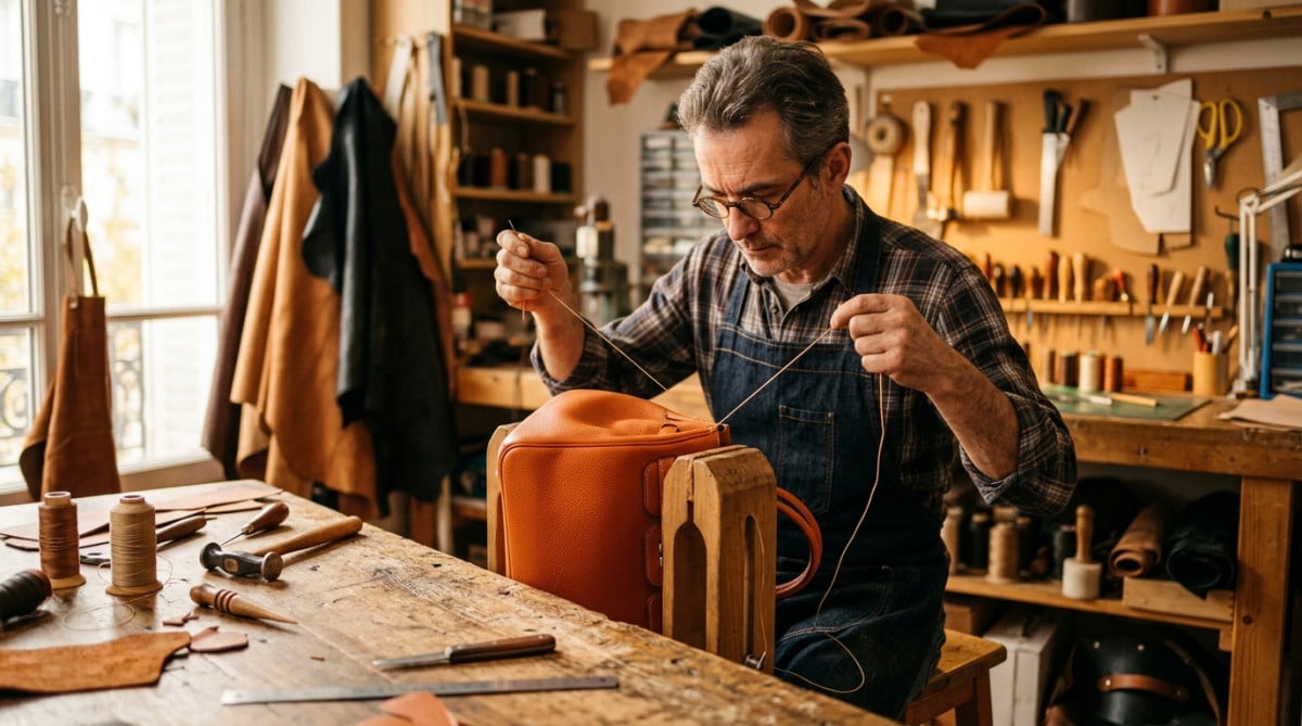 Artisan cousant à la main un sac en cuir orange