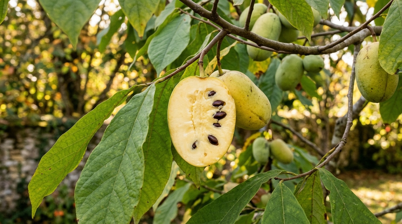 Fruits d'asiminier ouverts à chair crémeuse sur une branche