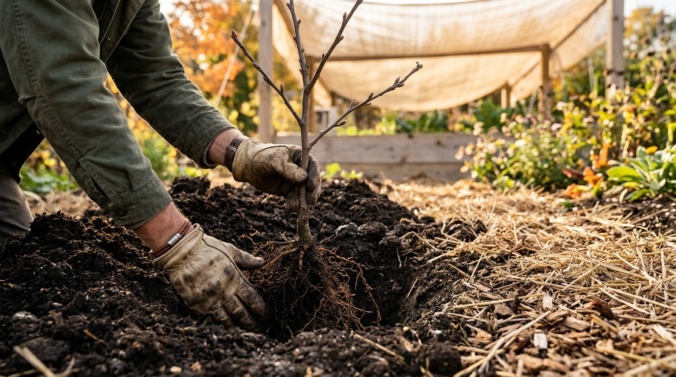 Mains plantant un jeune arbre à racines nues dans un sol paillé