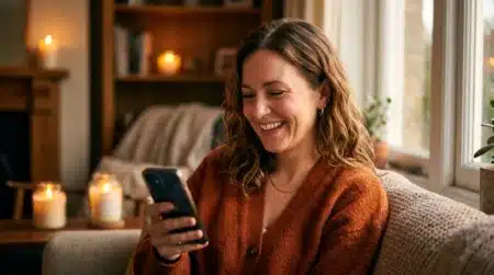 Femme souriante lisant un message sur son téléphone