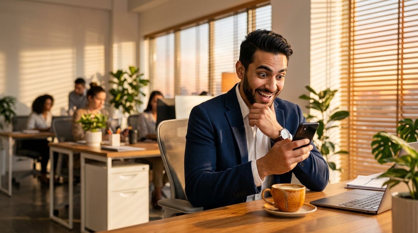 Homme surpris et content devant son smartphone au bureau