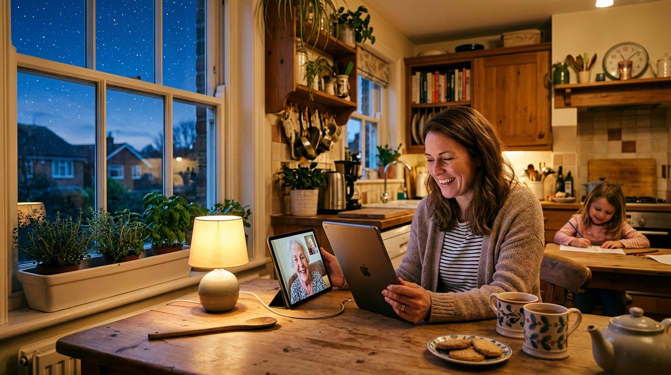 Femme en appel vidéo avec sa grand-mère dans la cuisine