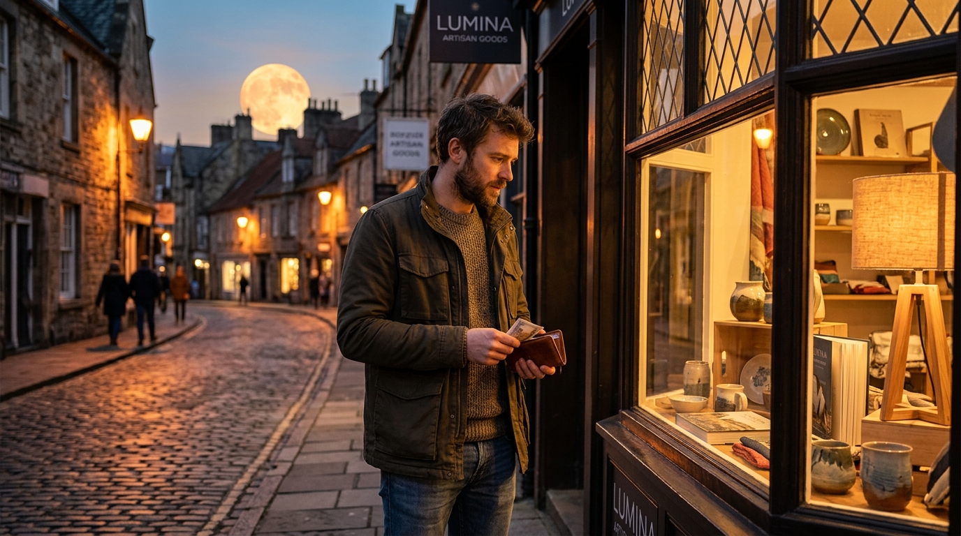 Homme hésitant devant une vitrine sous la pleine lune