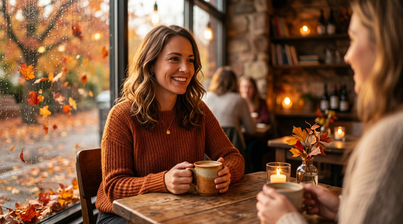 Femme pensive dans un café d'automne