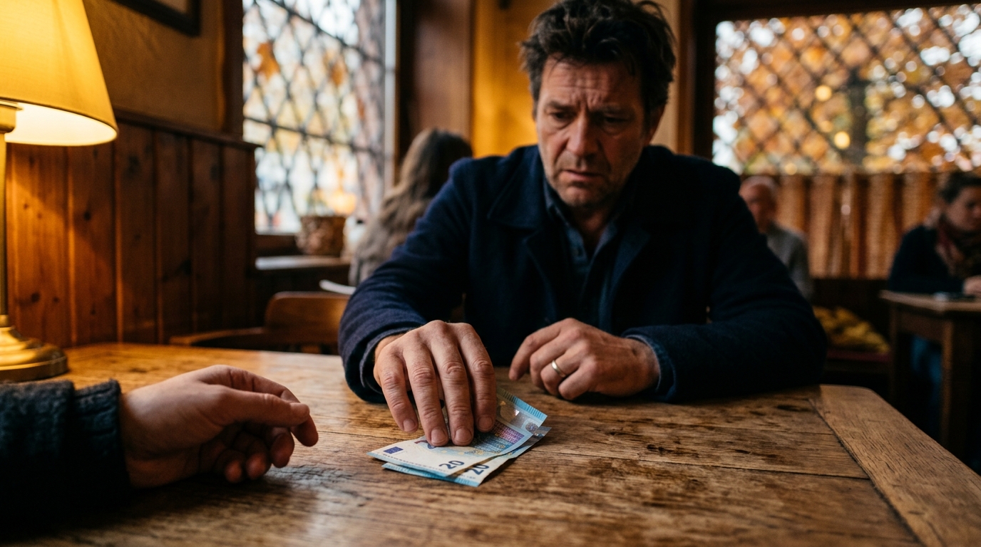 Main qui tend des billets sur une table