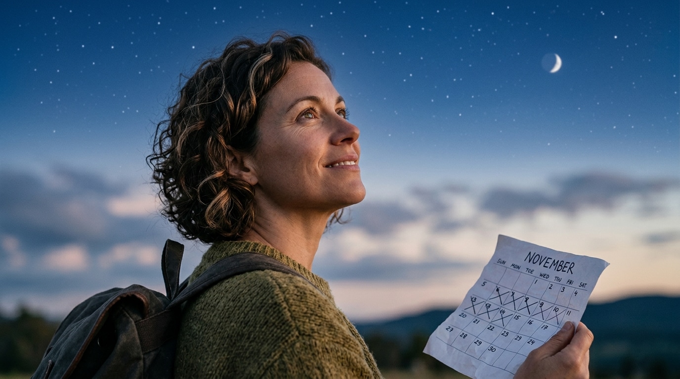 Femme levant les yeux vers un ciel étoilé, pleine d'espoir