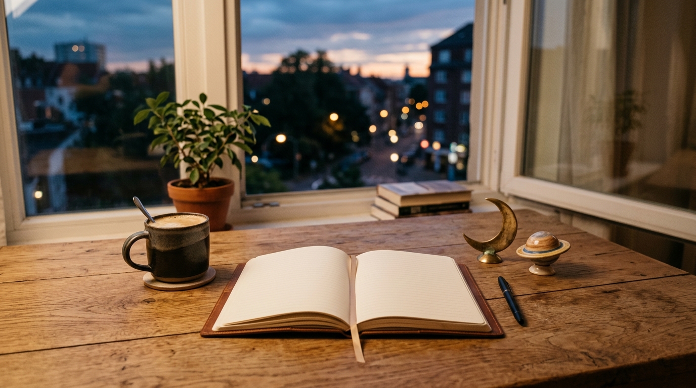Agenda ouvert, tasse de café et figurines de lune sur un bureau