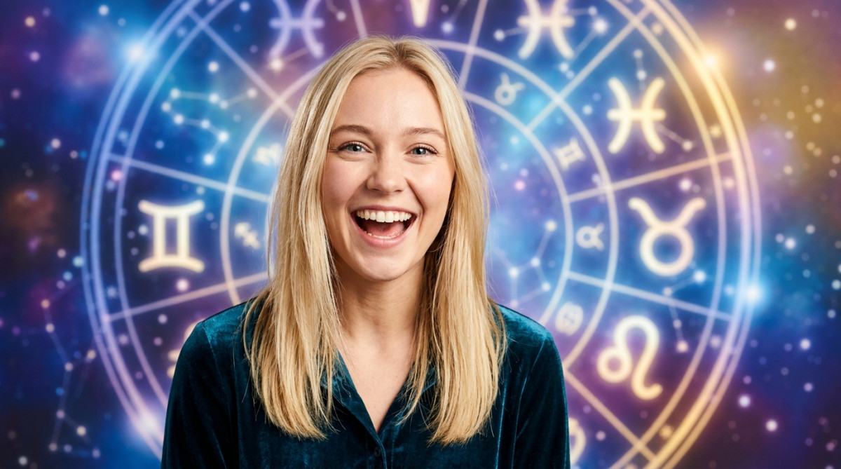 Astrologue souriante à la lueur des bougies tenant une carte du ciel zodiacale dans une ambiance chaleureuse d'automne