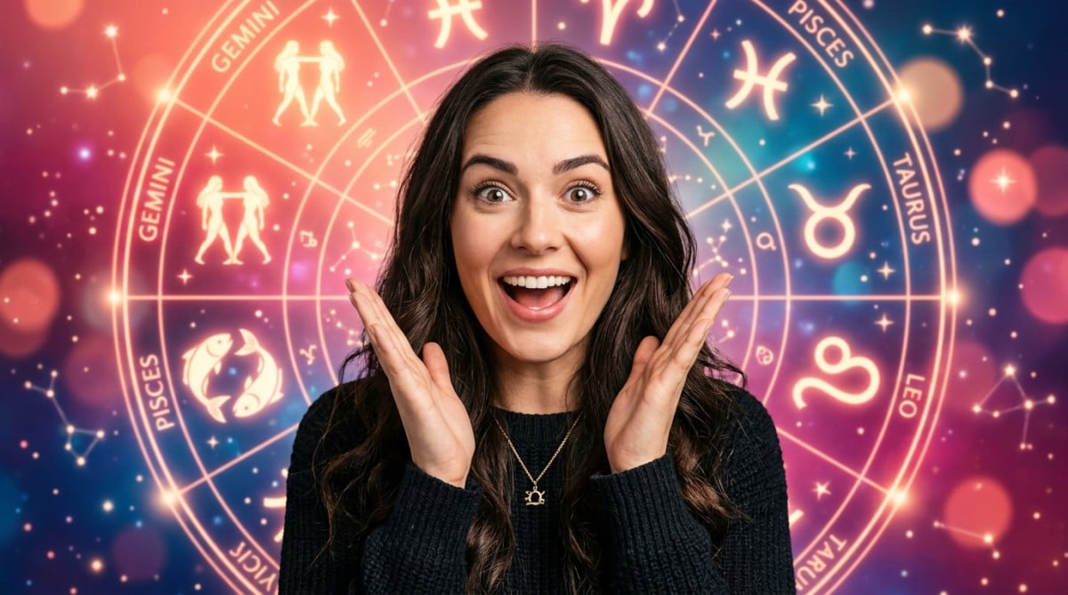 Astrologue souriante entourée de constellations dorées et de planètes rétrogrades en automne