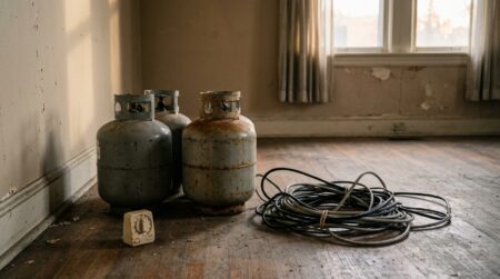 Bouteilles de gaz reliées à des fils dans un appartement