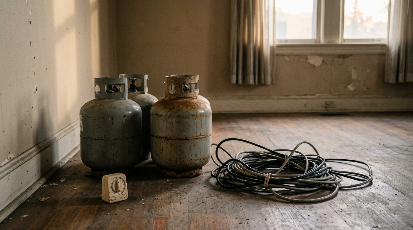 Bouteilles de gaz reliées à des fils dans un appartement