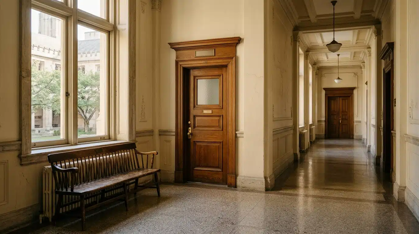 Couloir de tribunal vide avec porte en bois fermée