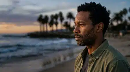 Personne pensive sur une plage californienne au crépuscule