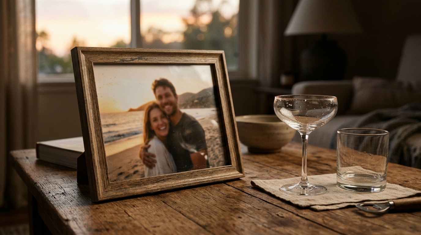 Photo de couple encadrée près de verres de cocktail vides