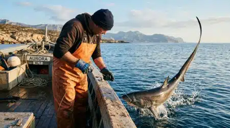 Requin renard à longue queue remonté le long d'un bateau de pêche