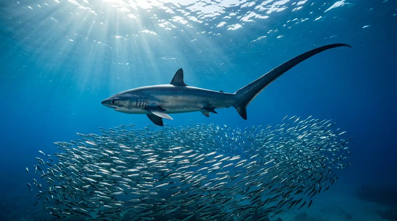 Requin renard nageant au-dessus d'un banc de poissons argentés