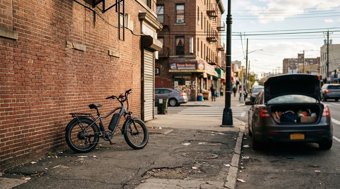 Vélo électrique garé contre un mur de briques