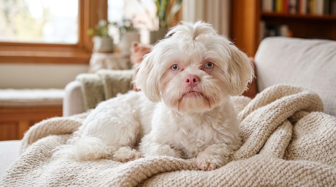 Gros plan sur un petit chien blanc à la truffe rose
