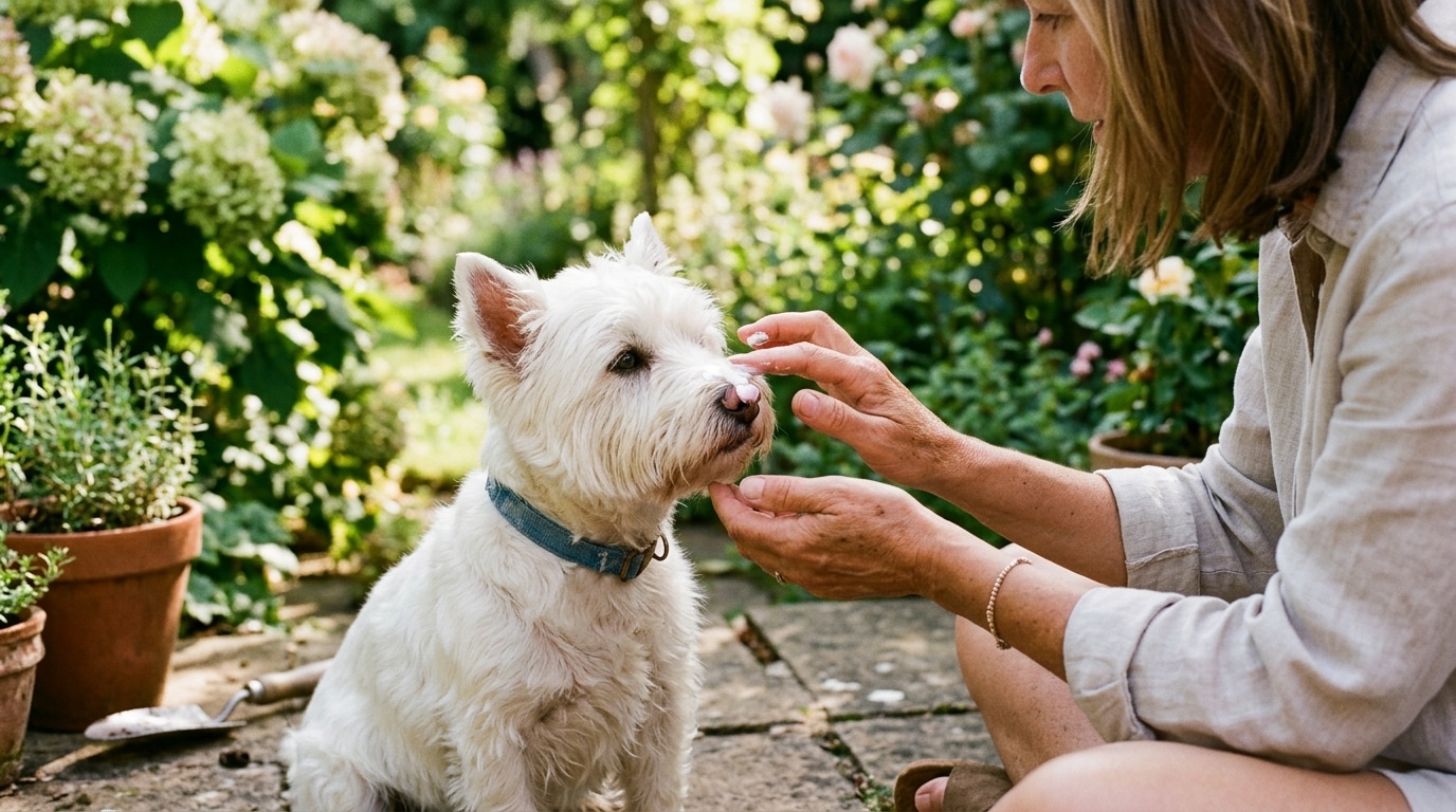 Main appliquant de la crème solaire sur le museau d'un chien