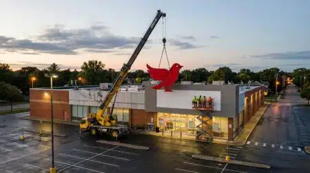 Façade de supermarché dont l'enseigne est remplacée par grue