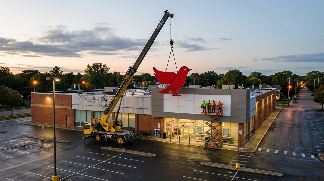 Façade de supermarché dont l'enseigne est remplacée par grue