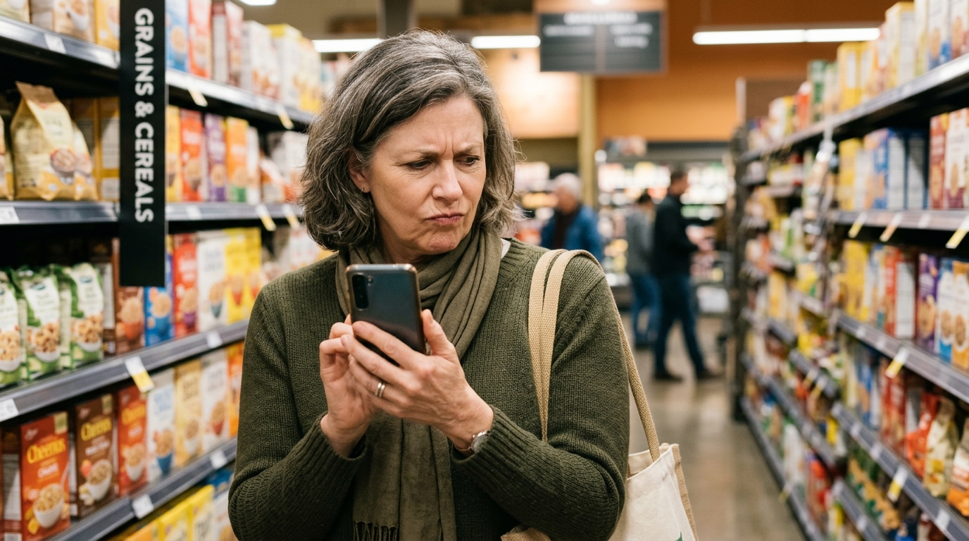 Cliente consultant son smartphone dans un rayon de supermarché