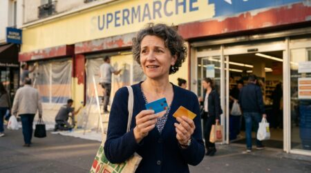 Cliente avec cartes de fidélité devant un supermarché