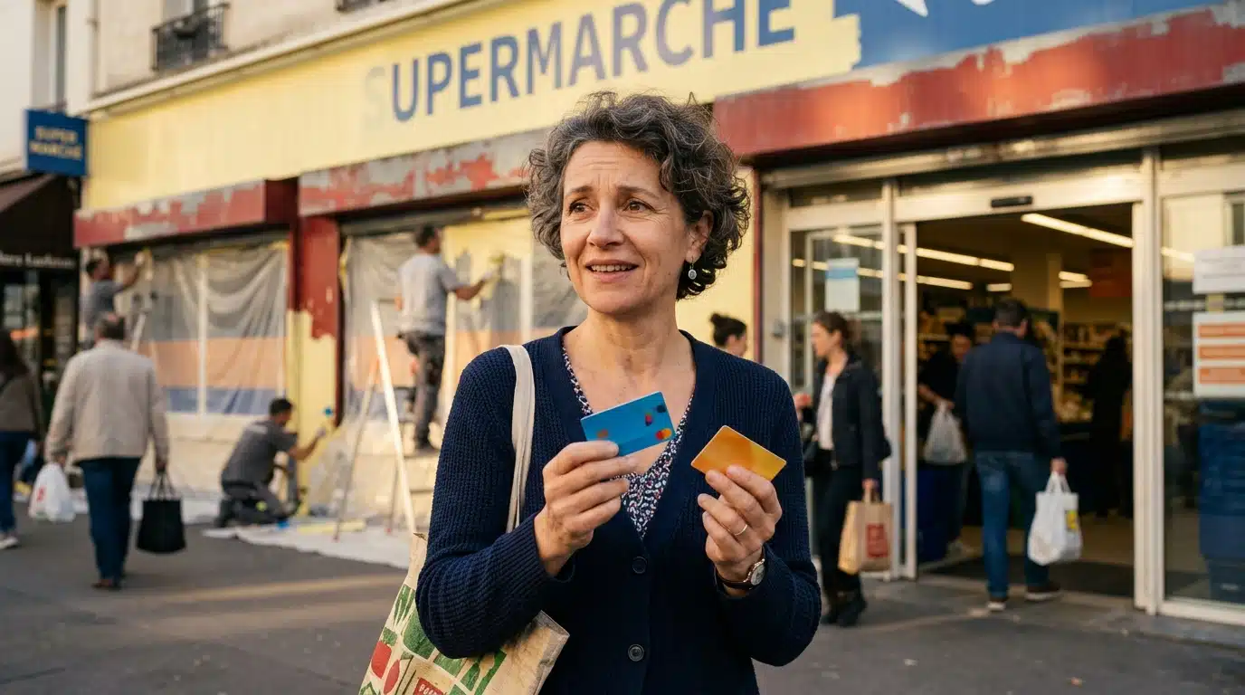 Cliente avec cartes de fidélité devant un supermarché