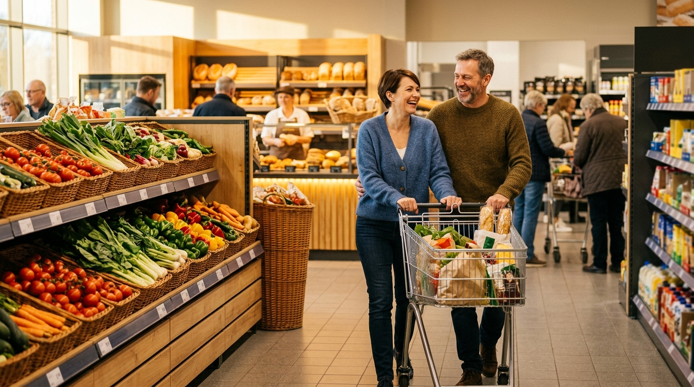 Couple faisant ses courses dans un magasin Lidl lumineux