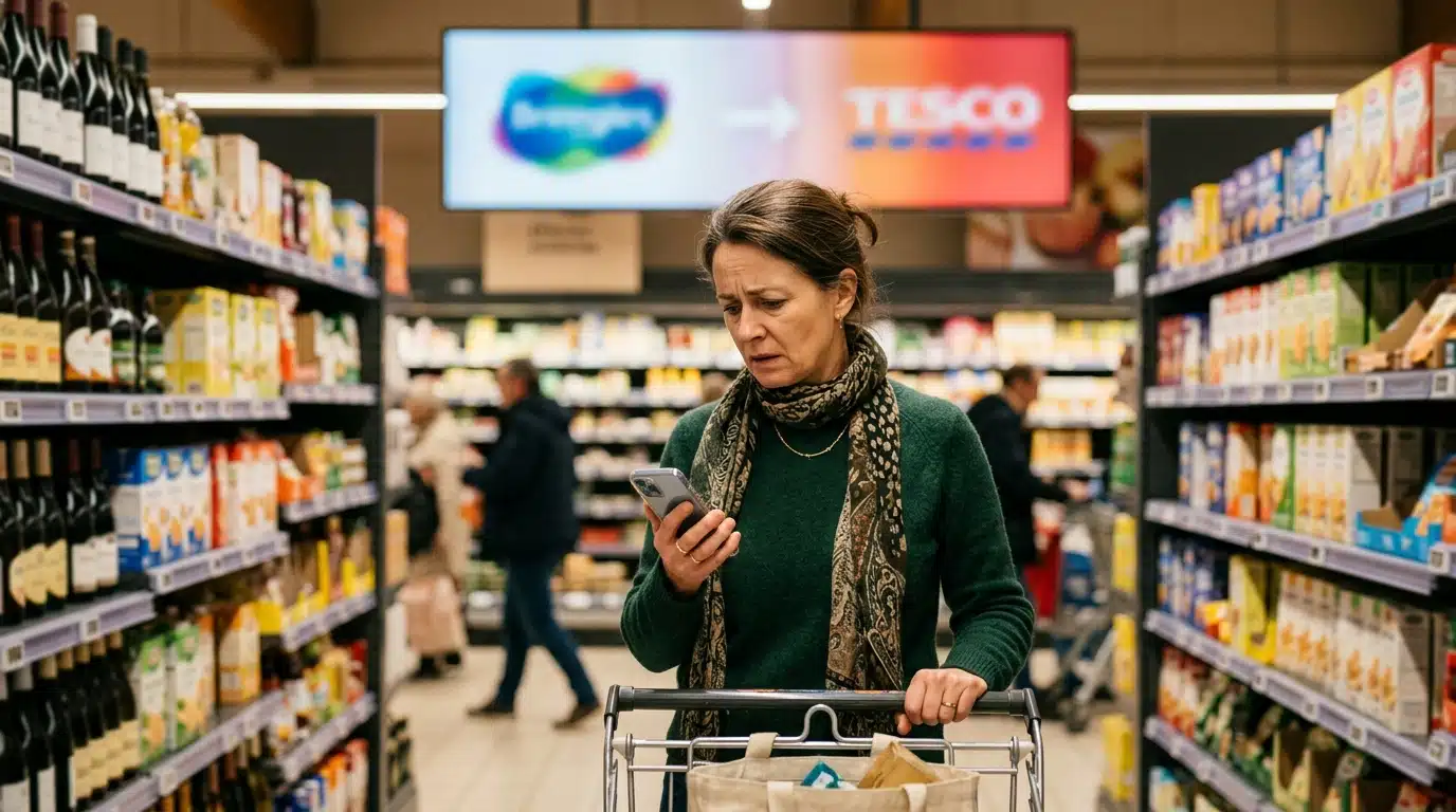 Cliente inquiète vérifiant sa cagnotte dans un supermarché