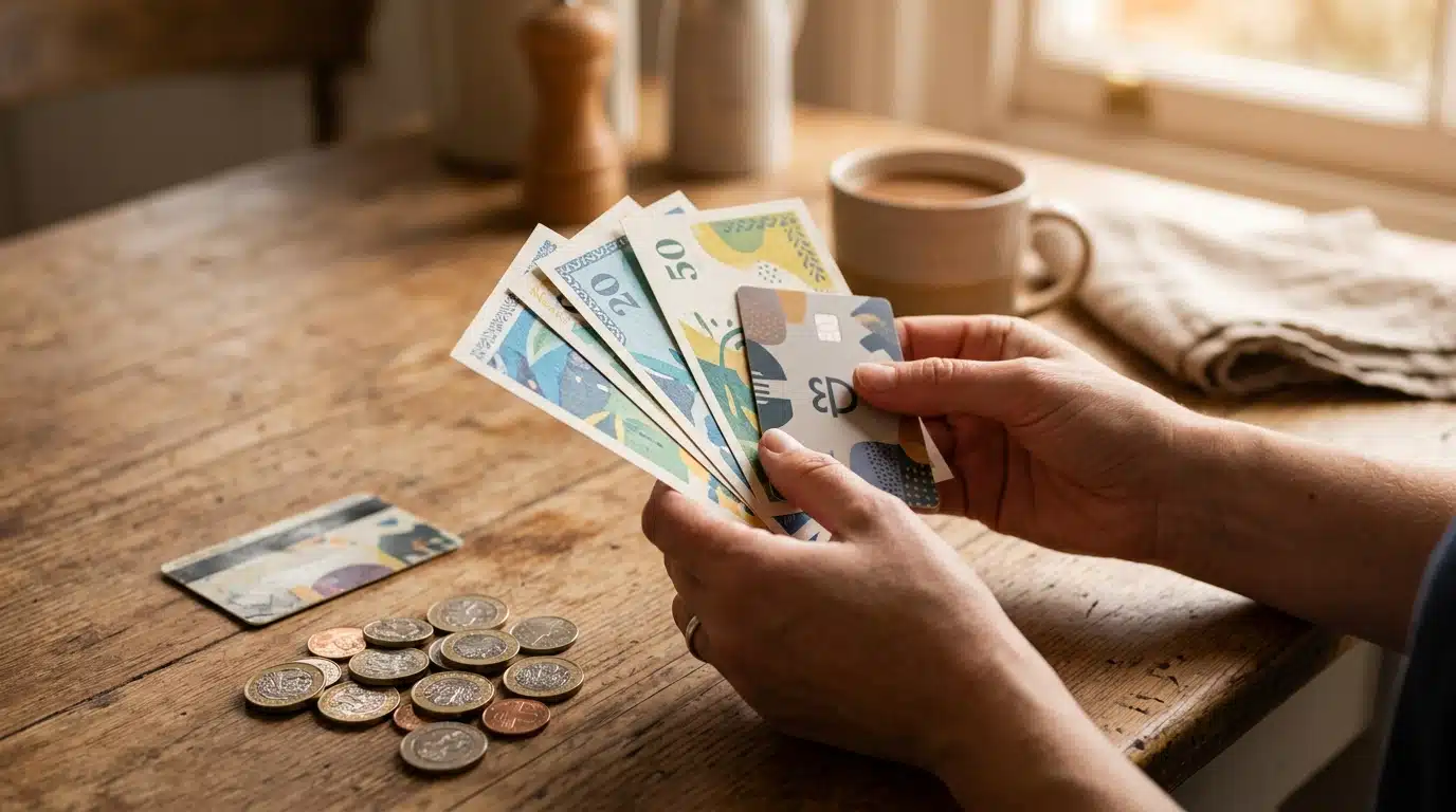 Bons d'achat et carte cadeau posés sur une table