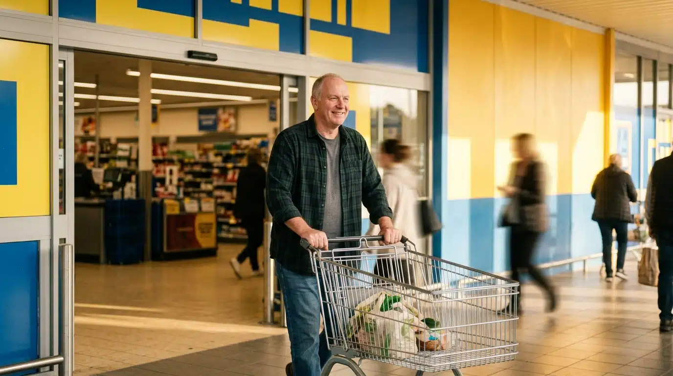 Client souriant entrant dans un supermarché Lidl