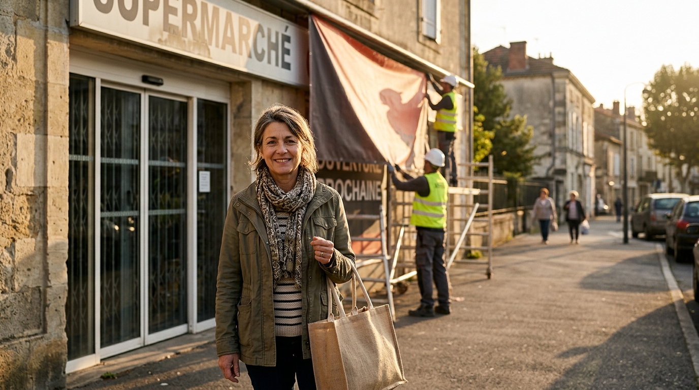 Cliente devant un supermarché fermé pendant le changement d'enseigne