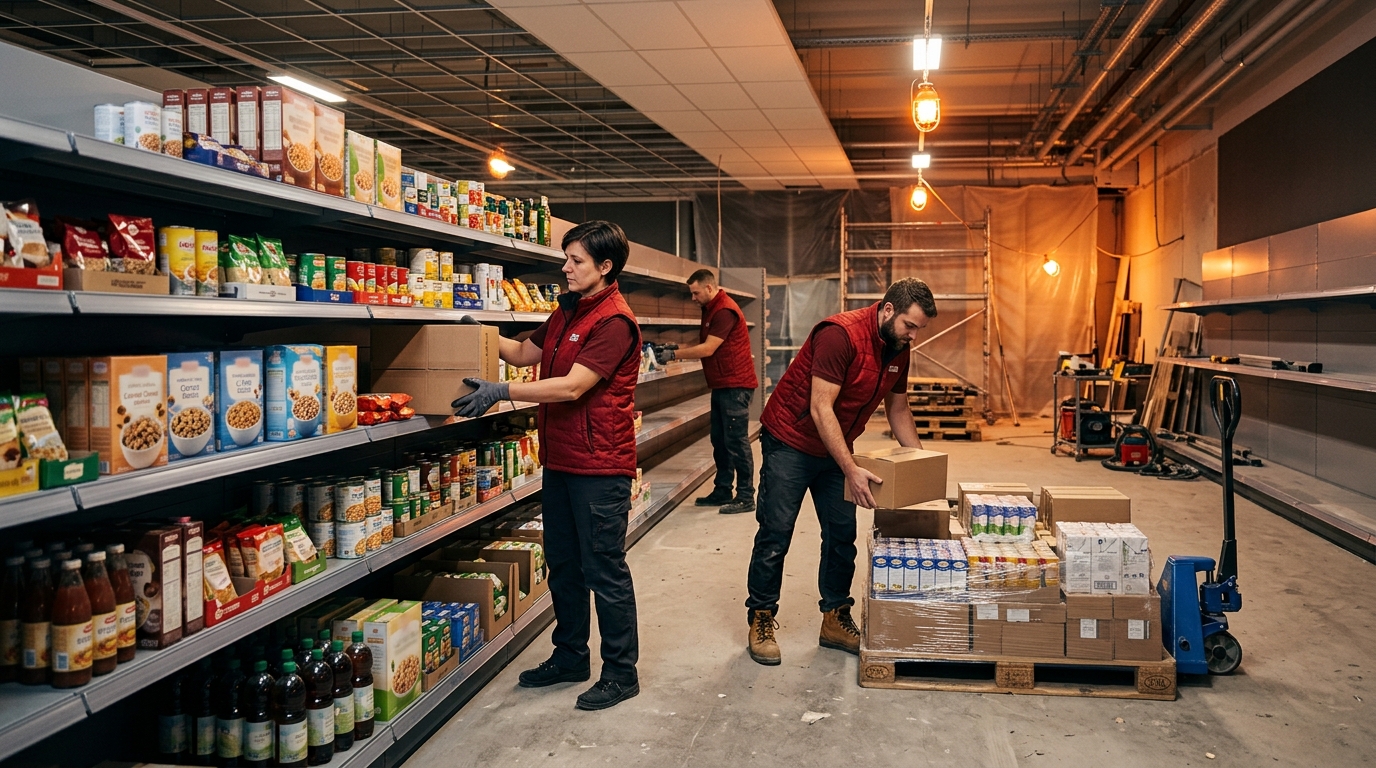 Employés remplissant les rayons d'un supermarché en transformation