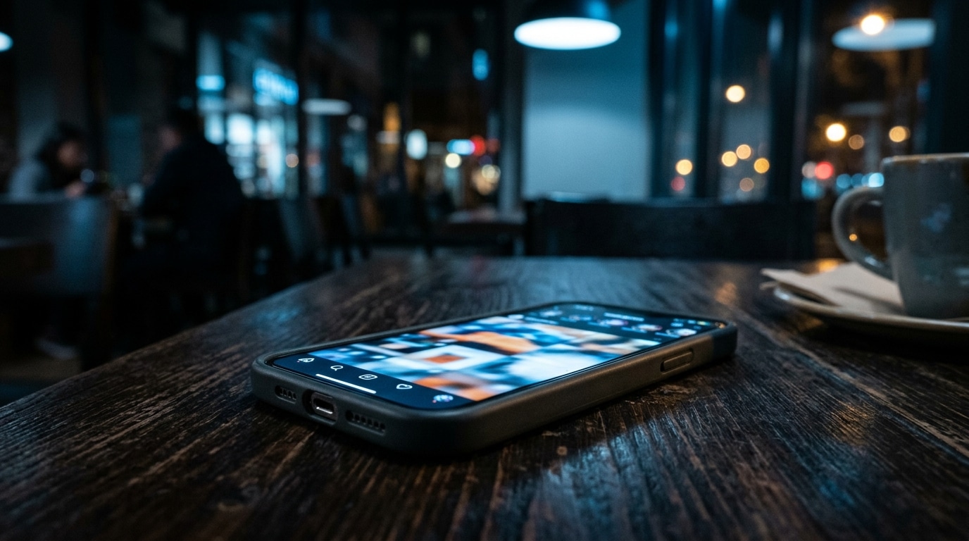 Smartphone allumé dans la nuit affichant un fil de réseau social flou