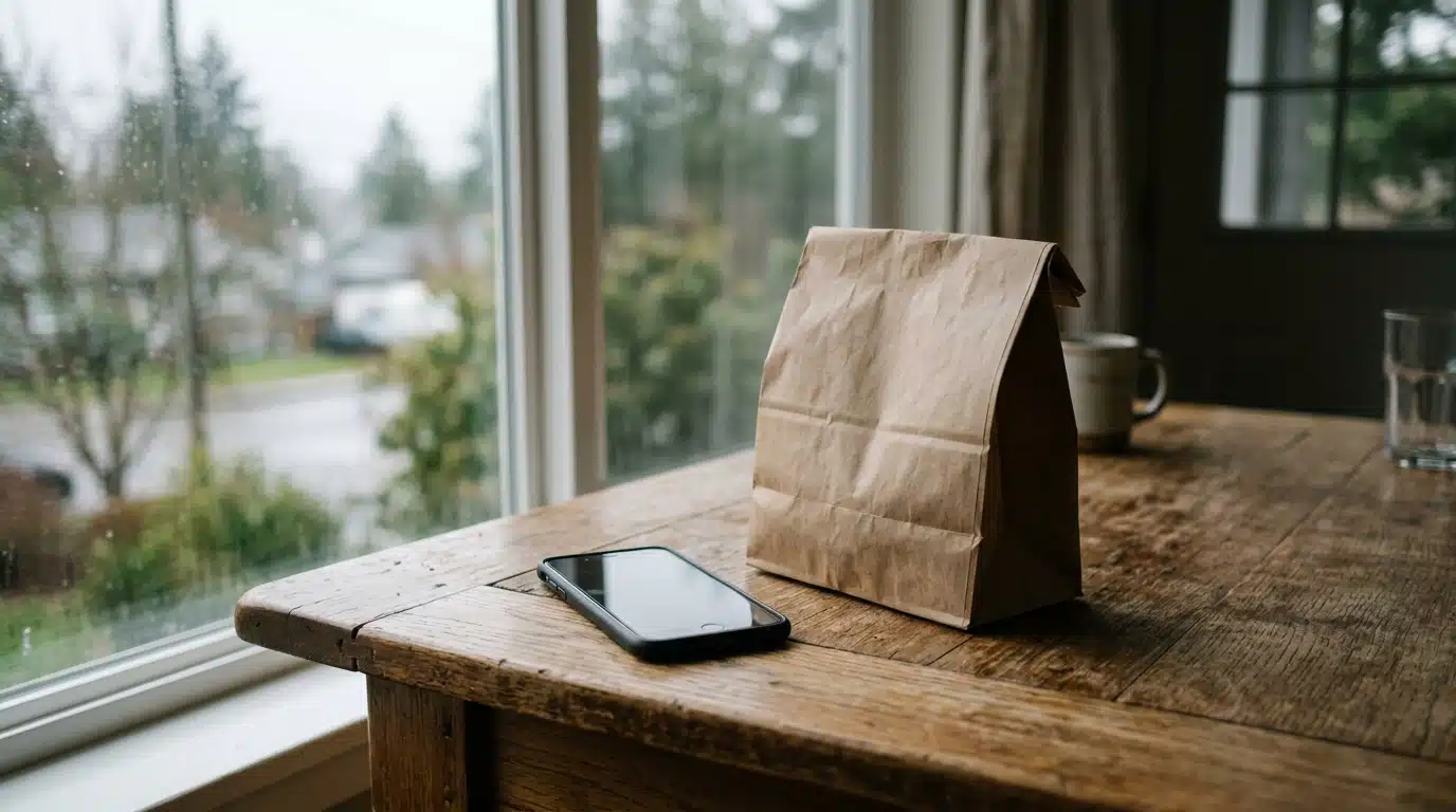 Sac déjeuner et téléphone éteint sur une table de cuisine