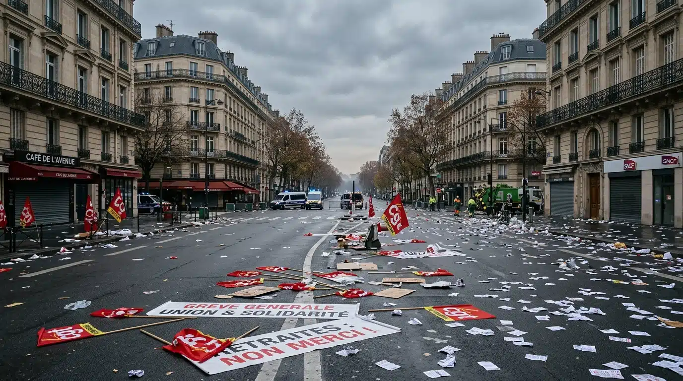 Avenue parisienne après une manifestation syndicale, drapeaux rouges et banderoles au sol