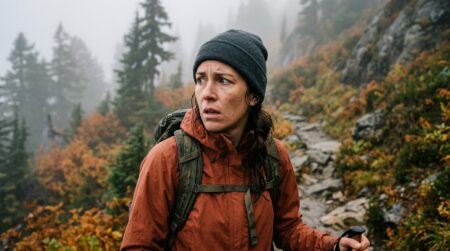 Randonneur au visage inquiet sur un sentier dans le brouillard