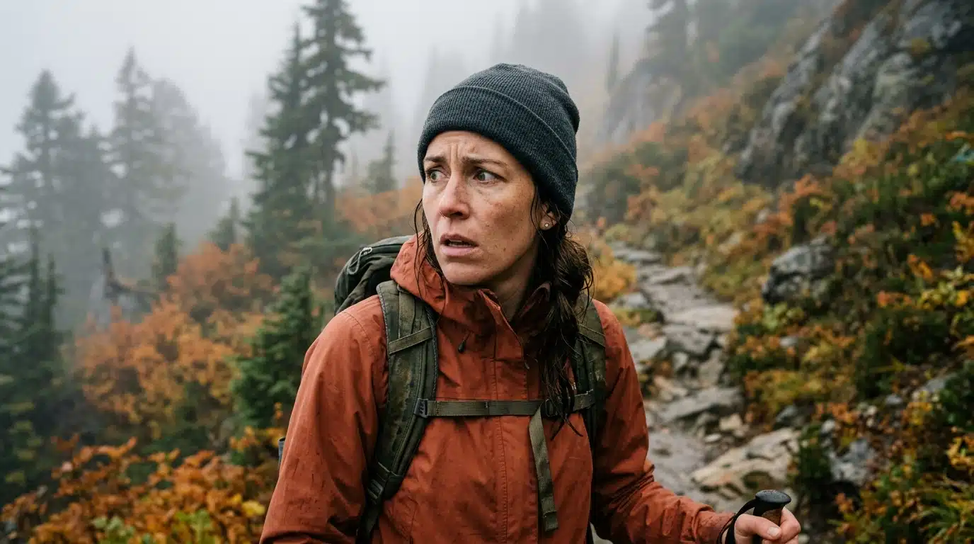 Randonneur au visage inquiet sur un sentier dans le brouillard