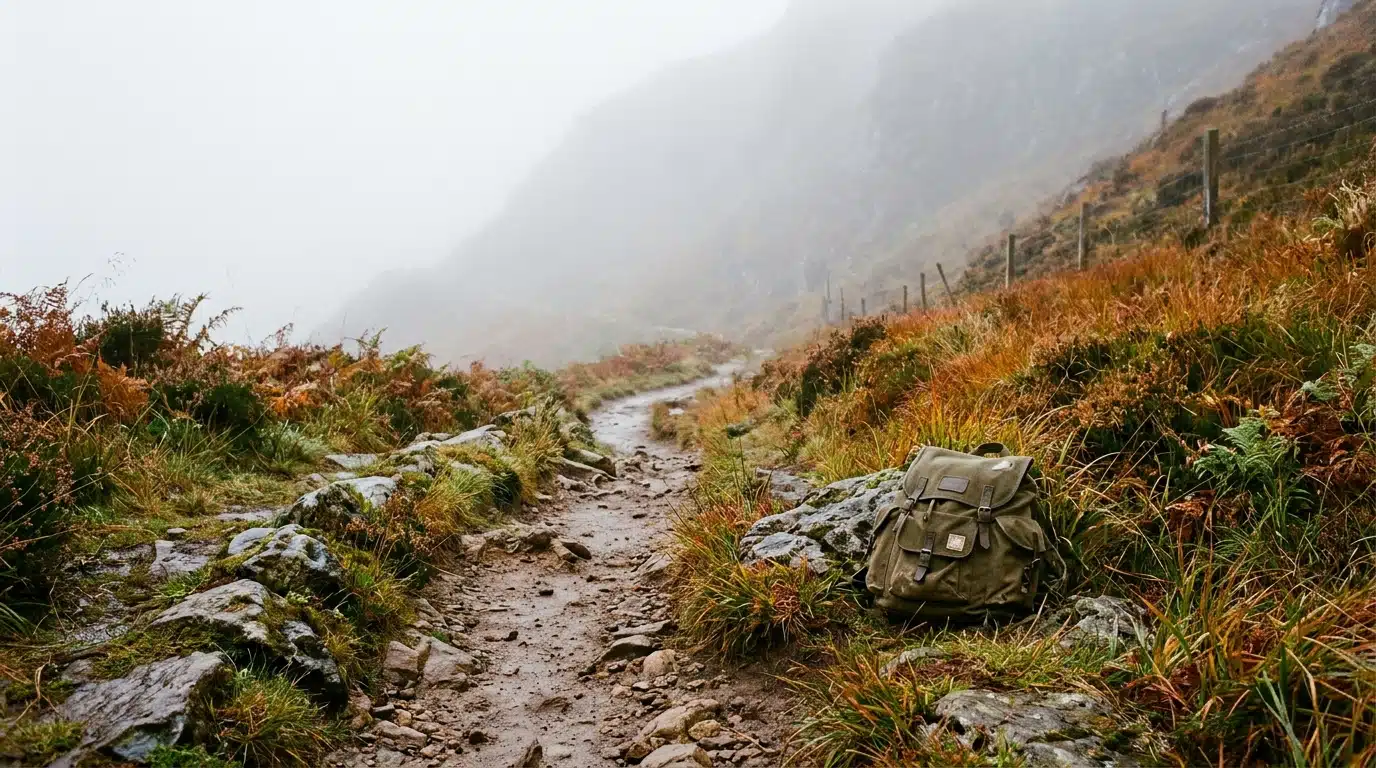 Sentier de montagne désert noyé dans la brume d'automne