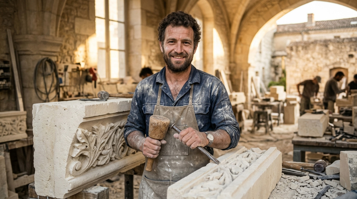 Aurélien, tailleur de pierre à Angoulême, dans son atelier