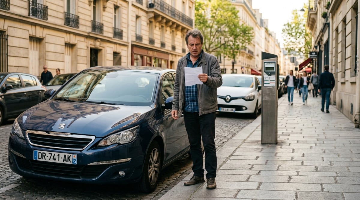 Automobiliste inquiet tenant un avis de stationnement près de sa voiture