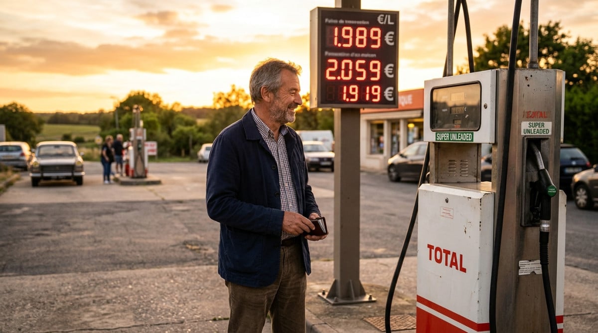 Automobiliste intrigué devant le panneau de prix d'une station-service