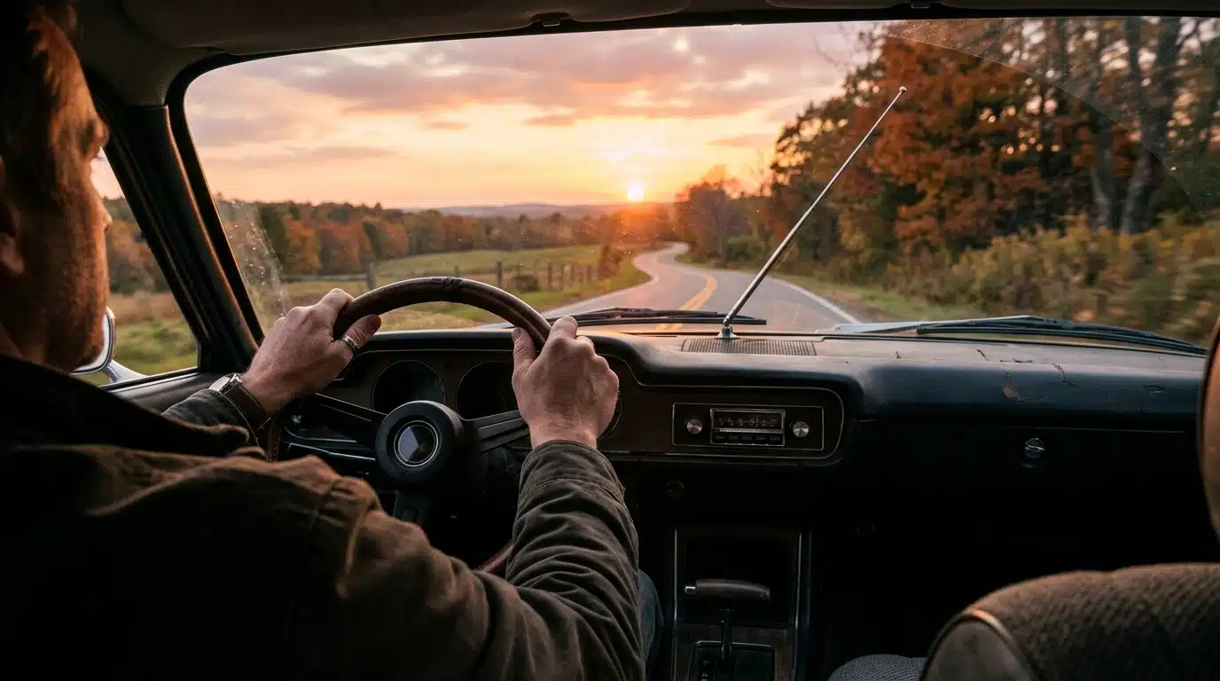 Mains sur un volant, route de campagne au coucher du soleil