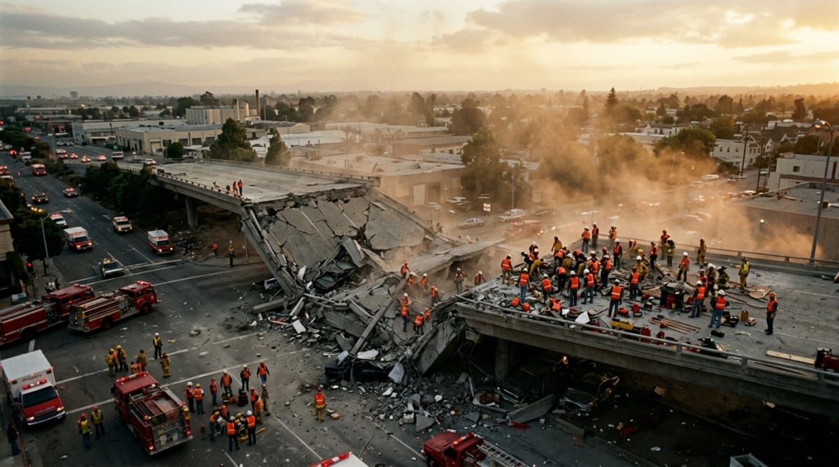 Autoroute effondrée après le séisme de Loma Prieta en Californie