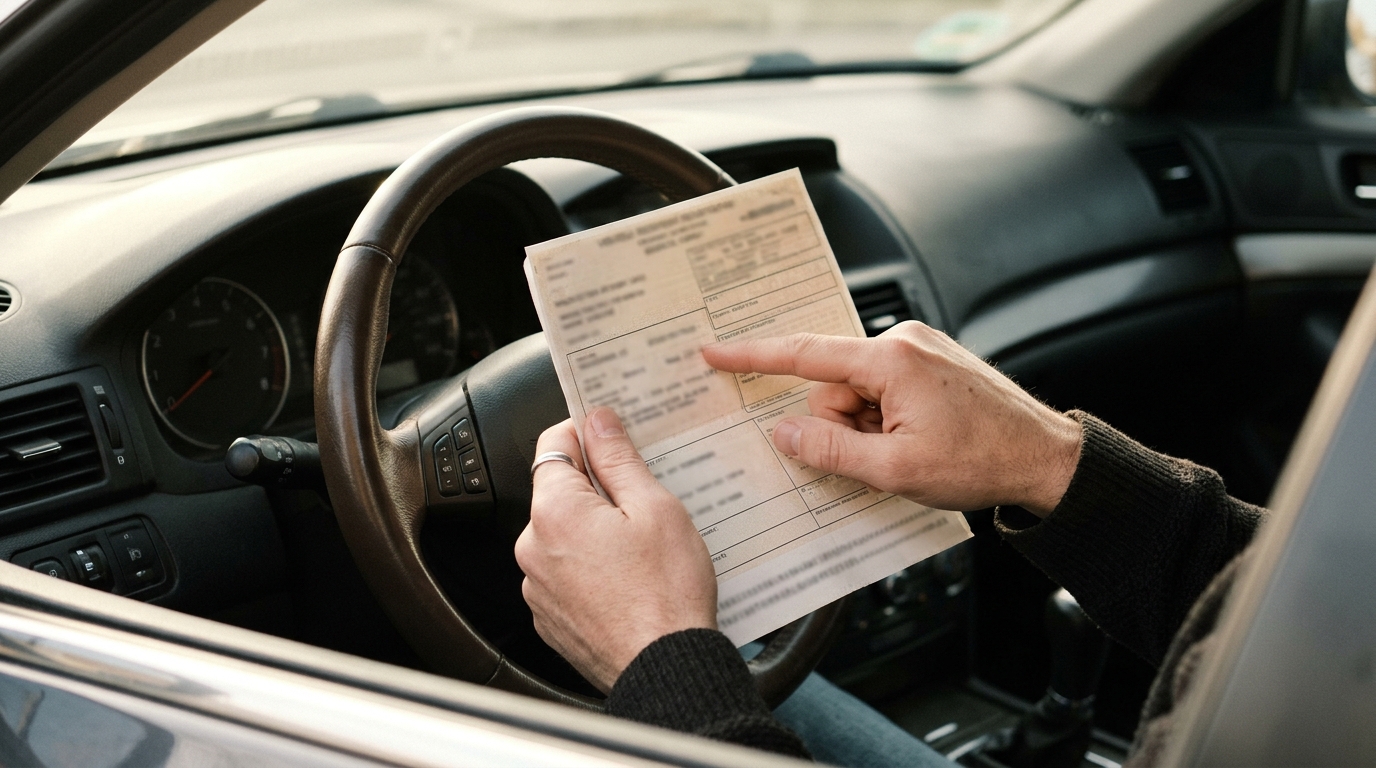 Mains d'un conducteur tenant une carte grise au volant