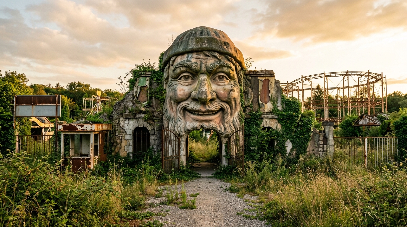Tête de géant à l'entrée d'un parc abandonné